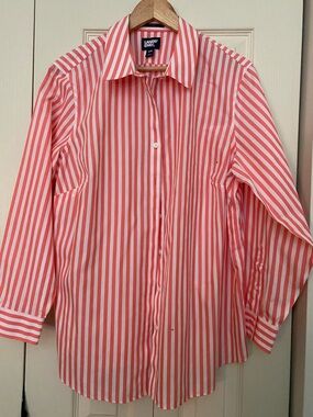 Lands' End Coral and White Vertical Stripe Dress Shirt